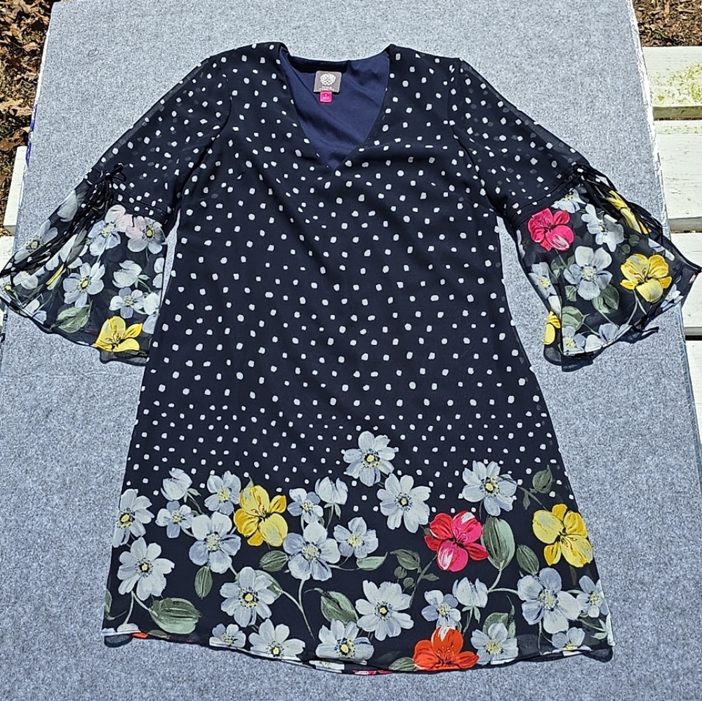 Vince Camuto Navy Polka Dot Dress Size 6 Bell Sleeves Floral